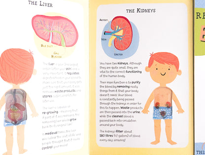 Educational book page about the human body with illustrations of internal organs and a child's body.