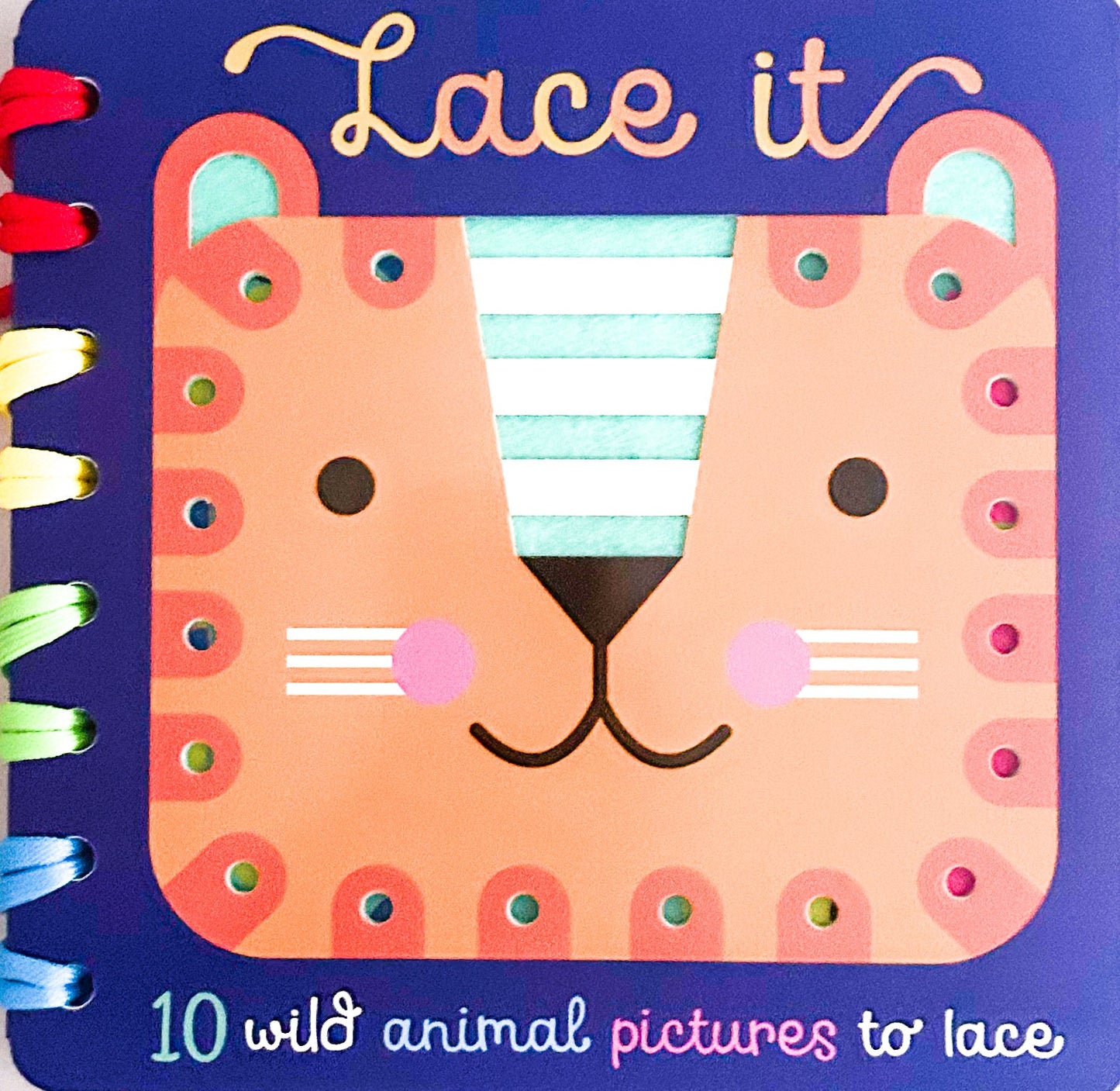 Children's book cover with a lion illustration and text about wild animal pictures to lace.